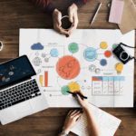 Top view of the table with a growth plan for a business